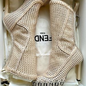 Fendi - Neutral Logo Jacquard Raffia Boots